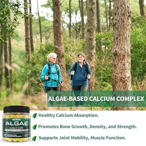 NEVISS - (2 Pacotes) Gomas de Algas com Cálcio 600mg, Vitamina D3, C, Magnésio, Boro, Manganês – Suplemento de Cálcio à Base de Plantas para a Saúde dos Ossos