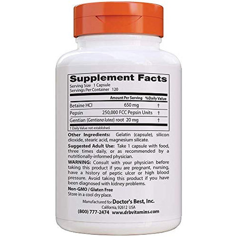 Doctor's BEST - Doctor’s Best Betaine HCL Pepsin – Melhor Marca para Saúde Digestiva – 60 cápsulas