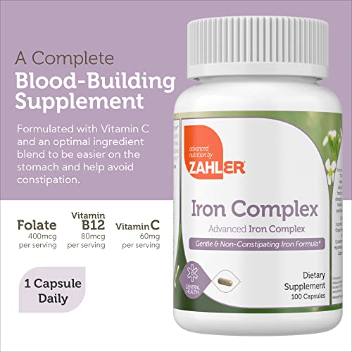 Suplemento de Ferro com Vitamina C – Cápsulas de Ferro para Mulheres e Homens – Alta Absorção, Suave no Estômago, Kosher Suplementos de Ferro Ferroso com Vitaminas C, B12, Folate - Zahler
