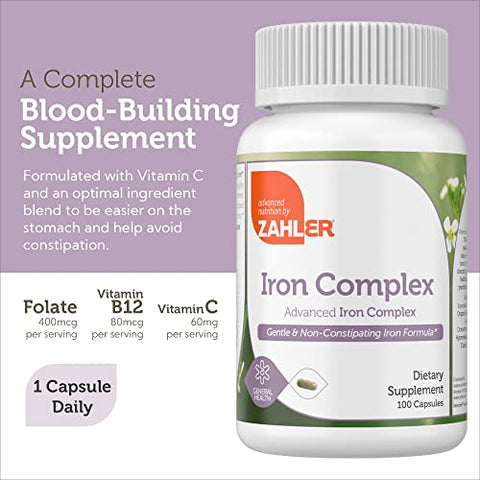 Suplemento de Ferro com Vitamina C – Cápsulas de Ferro para Mulheres e Homens – Alta Absorção, Suave no Estômago, Kosher Suplementos de Ferro Ferroso com Vitaminas C, B12, Folate - Zahler