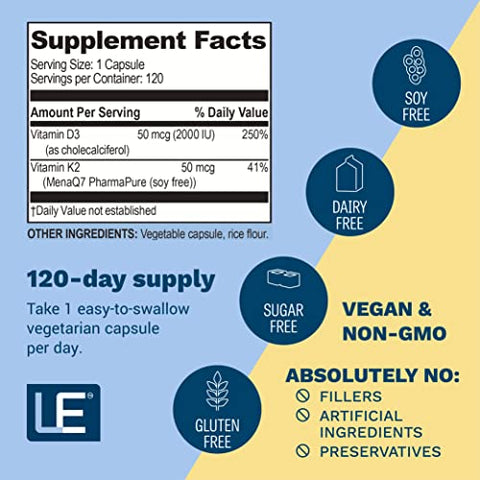 Life Enhancement - Vitamina D3 K2 – 2000 UI de Vitamina D3 com Vitamina K2 – Suplemento para Formação Óssea Saudável, Saúde Cardiovascular e Suporte Imunológico – 120 Porções
