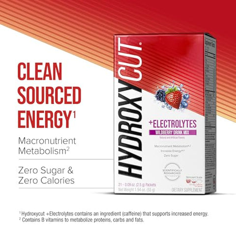 Drink Mix Wildberry Blast – 21 Pacotes de Viagem, Embalagem com 2 – Zero Calorias, Zero Açúcar – Acelera o Metabolismo, Queima Calorias, Aumenta a Energia – para Mulheres - Hydroxycut