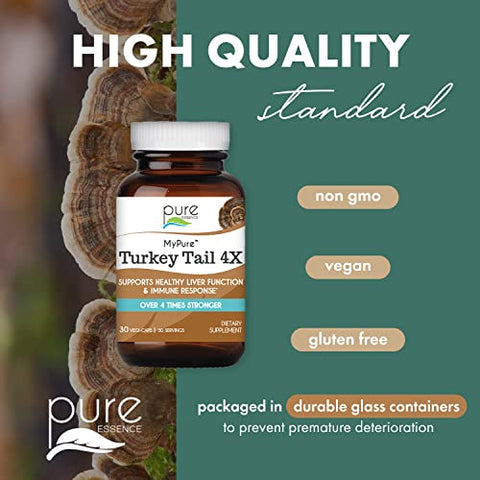 Extrato de Cogumelo Turkey Tail Orgânico 4X, Suplemento Vegano de Cogumelos para Fortalecimento Imunológico, 30 Cápsulas - PURE ESSENCE LABS