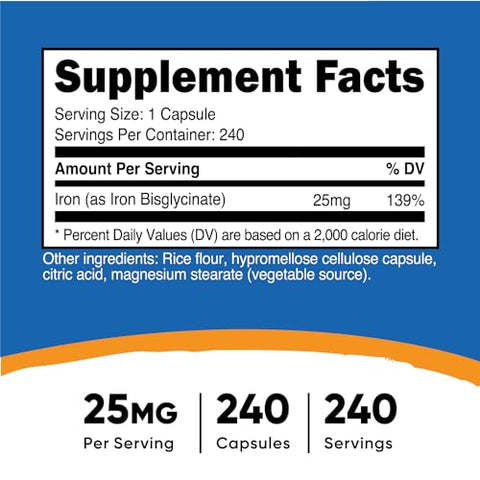 Ferrous Bisglycinate Chelate – 240 Cápsulas (25mg) – Não-OGM – Suplemento de Ferro Bisglicinato – Alta Visibilidade nos Motores de Busca - Nutricost