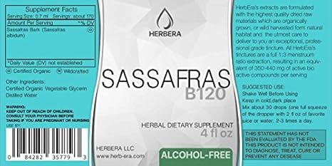 HerbEra - Sassafras B120 Extrato Herbal Concentrado Líquido Sem Álcool, Gotas Naturais de Sassafrás (Sassafras albidum) Casca de Raiz Seca (120 ml)