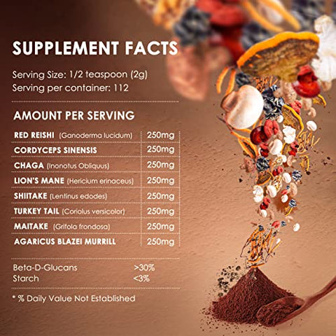 8 Mushrooms Powder Extract – Blend 8 oz – Lion’s Mane, Turkey Tail, Reishi, Chaga, Cordyceps, Maitake, Shiitake – para Foco – Produto de Cogumelos em Pó – 8g - KIKI Green