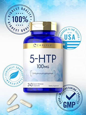 5HTP | 100mg | 240 Cápsulas | 5 Hidroxitriptofano | Não-OGM | Comprimidos de 5-HTP de alta potência - Carlyle