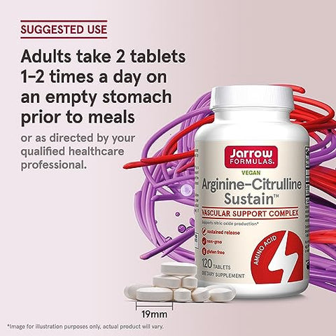 Arginine-Citrulline Sustain: Suplemento Alimentar para Suporte Vascular e Produção de Óxido Nítrico, Saúde Cardiovascular, 120 Comprimidos, Fornecimento de 60 Dias - Jarrow Formulas