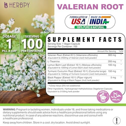 Herbpy - Cápsulas de Raiz de Valeriana 5 em 1 5150mg com L-Teanina, Melissa, Cúrcuma e Extrato de Pimenta Preta para Relaxamento, Noite de Descanso e Digestão