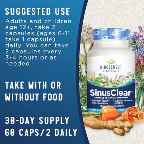 SinusClear: Fórmula Completa para Saúde Sinusal e Nasal com Folha de Mullein, Bromelina, Vitamina C e Zinco, para Mucos Saudáveis e Imunidade - RidgeCrest Herbals