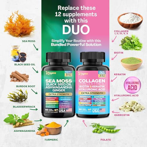 Kit Radiante de Bem-Estar: Musgo do Mar, Óleo de Semente Negra, Ashwagandha, Gengibre, Bardana, Alga Marinha, Cúrcuma – 100% Natural e Potente - Zoyava