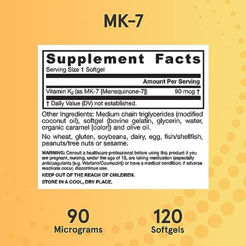 MK-7 90 mcg – Vitamina K2 Bioativa – 120 Porções (Softgels) – Para os Ossos - Jarrow Formulas