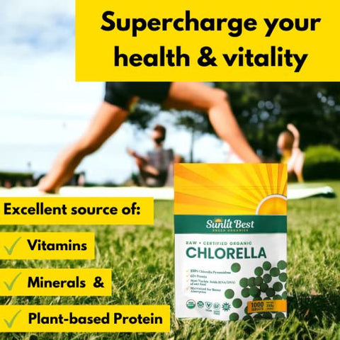 Sunlit Best Green Organics - Sunlit – Melhores Comprimidos de Chlorella Orgânica USDA Premium 1000 Unidades | Suplemento Superfood 100% Puro Rico em Proteínas, Clorofila, Vitaminas