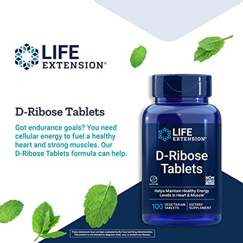 D-Ribose Tablets – Suplemento RIBOSE para Saúde Cardíaca, Energia Celular e Recuperação de Exercícios – Sem Glúten, Não-OGM, Vegetariano – 100 Comprimidos - Life Extension