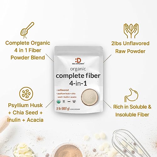 Pó de Fibra Orgânica, 2lbs – com Casca de Psyllium, Semente de Chia, Inulina - DEAL SUPPLEMENT