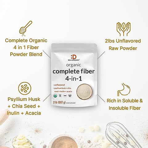 Pó de Fibra Orgânica, 2lbs – com Casca de Psyllium, Semente de Chia, Inulina - DEAL SUPPLEMENT