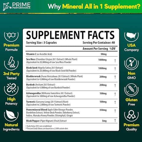 Prime Performance Nutrition - Sea Moss 13300mg Óleo de Semente Preta 13300mg Bladderwrack 2660mg Bardana 2660mg Ashwaghanda 1330mg Cúrcuma 1330mg com Gengibre Sabugueiro Vitamina C ACV Suplemento de Clorofila