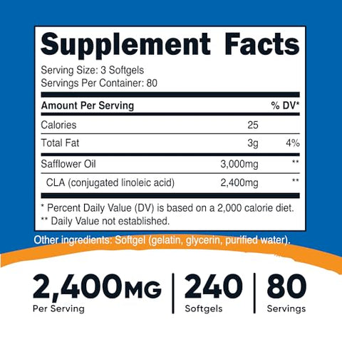 CLA 2.400mg, 240 Softgels – Livre de Glúten, Não-OGM, 800mg por Softgel - Nutricost