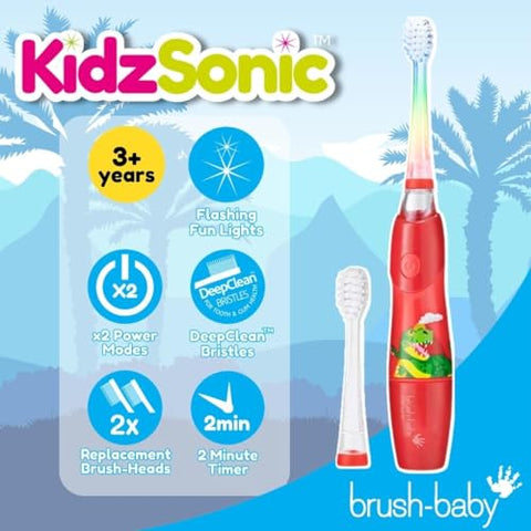 Escova de Dentes Elétrica Infantil brush-baby KidzSonic para Crianças de 3 Anos – Luzes de Discoteca, Vibração Suave e Temporizador Inteligente Proporcionam uma Experiência Divertida de Escovação – 2 Cabeças de Escova