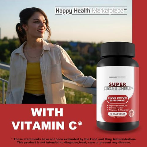 Happy Health Marketplace - Super Sugar Shield – Melhor Suplemento de Suporte à Glicose com Berberina – Saúde do Açúcar no Sangue