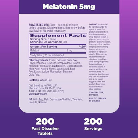 Sleep Melatonin 5mg – 200 Comprimidos de Melatonina de Dissolução Rápida com Sabor de Morango para Auxiliar o Sono Noturno de Adultos – Fornecimento de 200 Dias - Natrol