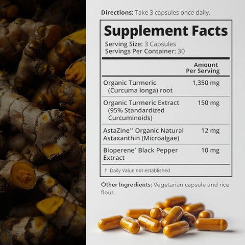 Mobisyn - Suplemento Orgânico de Cúrcuma 1500mg, Astaxantina Triplo Forte 12mg, Curcumina de Cúrcuma, Pimenta Preta Antioxidante, Imunidade, Articulações, Costas