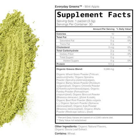 Everyday Greens – Superalimento em Pó de Vegetais Orgânicos – Vegano, Espirulina, Capim de Trigo, Clorela – Sem Glúten, Zero Açúcar – Sabor Menta Maçã – 30g - TRULEAN