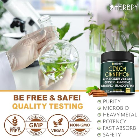 Herbpy - 6in1 Suplementos Premium de Canela do Ceilão 7550mg + Vinagre de Maçã, Cúrcuma, Gengibre, Ginseng Panax