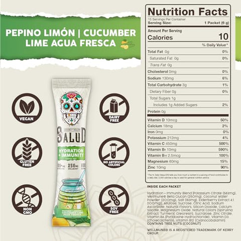 Taste Salud - Salud Pacotes de Hidratação 2 em 1, Pó de Eletrólitos para Imunidade, Sabor Pepino Limão – Mistura para Bebida Agua Fresca, Sabugueiro, Sem Lactose