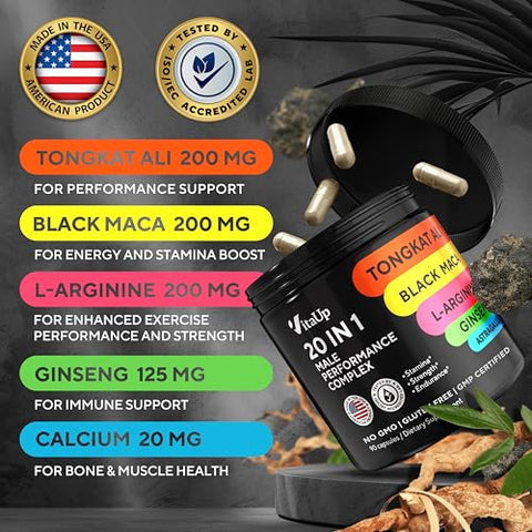 VitaUp - Tongkat Ali 20 em 1 para Homens com Astragalus – Complexo de Desempenho Masculino Feito nos EUA com Raiz de Maca Negra, L-Arginina, Ginseng, Cálcio, Astragalus para Força Normal