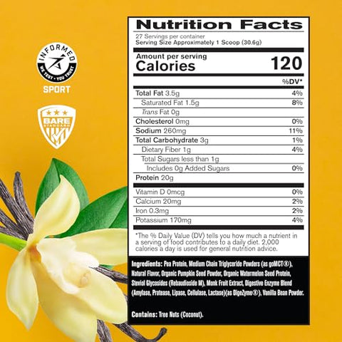 Proteína Vegana à Base de Plantas, Proteína de Ervilha, Proteína de Melancia e Proteína de Abóbora, Adoçada e Aromatizada Naturalmente (Baunilha) – 100% Vegetal e Deliciosamente Saudável - BARE PERFORMANCE NUTRITION