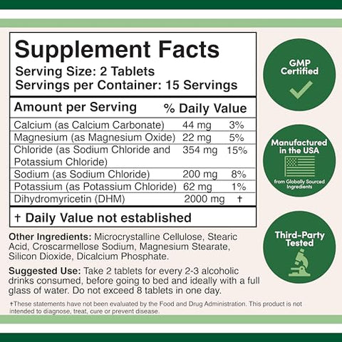 Double Wood Supplements - DHM1000 Dihydromyricetin (DHM) – Comprimidos Mais Potentes do Mercado – 1.000mg (30 Unidades) Enriquecidos com Eletrólitos para Hidratação e Suporte Hepático por Double Wood