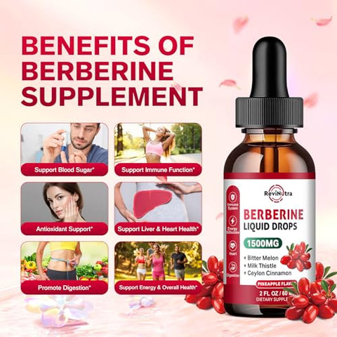 ReviNutra - Berberine HCL Líquido 1500mg com Canela Ceylon, Melão Amargo, Cardo de Leite – Sistema Imunológico e Digestivo – Marca Berberine Drops
