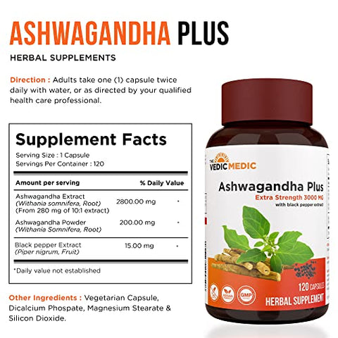 The Vedic Medic - Ashwagandha Orgânica Cápsulas Extra Forte 3000mg com Extrato de Pimenta Preta – Alívio do Estresse, Melhora do Humor, Suporte Energético – Não-OGM, Vegano, Sem Glúten (120)