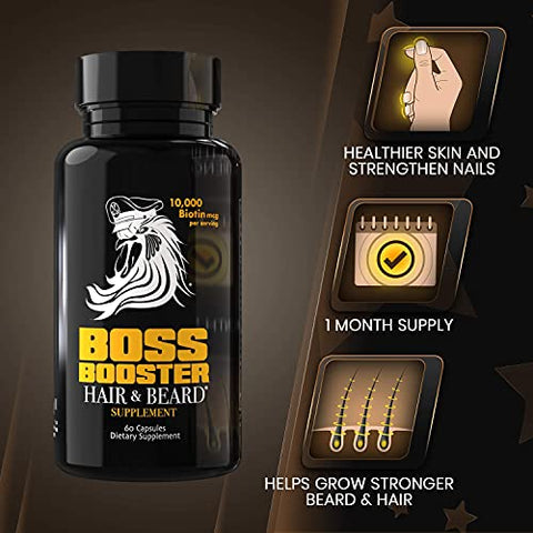 Boss Booster – Suplemento para Crescimento de Barba para Homens – 10.000 MCG Biotina e MSM – Vitaminas para Crescimento Capilar e Cuidados com a Barba - Bossman