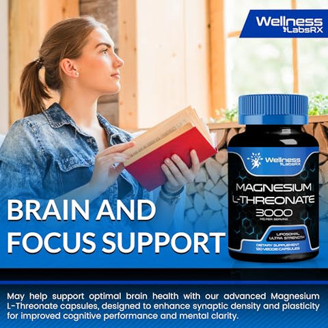 WELLNESS LABSRX - Magnésio l-Treonato Cápsulas 120 Unidades – 3000mg – Magnésio de Alta Absorção Lipossomal, Ultra Potente para Cérebro, Suporte ao Sono e