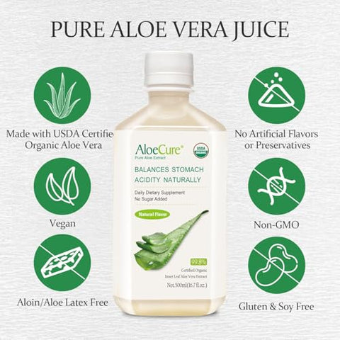 Suco de Aloe Vera Orgânico Certificado USDA Feito em até 12 Horas da Colheita – Puro Suco de Aloe Natural Suplemento Digestivo para Apoiar a Digestão, Sistema Imunológico e Estômago Equilibrado – AloeCure - AloeCure