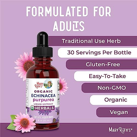 Gotas de Suplemento Herbal | Suporte Imunológico | Echinacea Purpurea Líquido USDA | Suporte Imunológico | Saúde da Pele | Vegano | Não-OGM | Sem Glúten | 30 ml - MaryRuth Organics