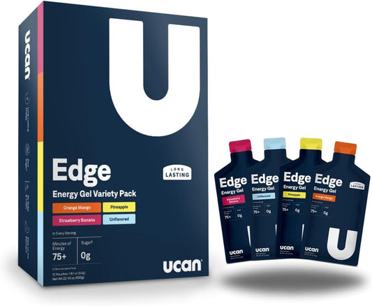 Edge Gel Shots Energéticos, Kit com Variedades (12, 60g Pacotes) para Corrida, Treino, Exercícios, Fitness, Ciclismo, Crossfit | Sem Açúcar, Vegano - UCAN