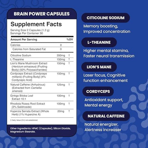 Troomy Nootropics - Troomy Brain Power – Suplemento para Foco e Memória | Citicolina, Cogumelo do Leão, Cordyceps | Melhora a Função e Memória Cerebral – 60 Cápsulas