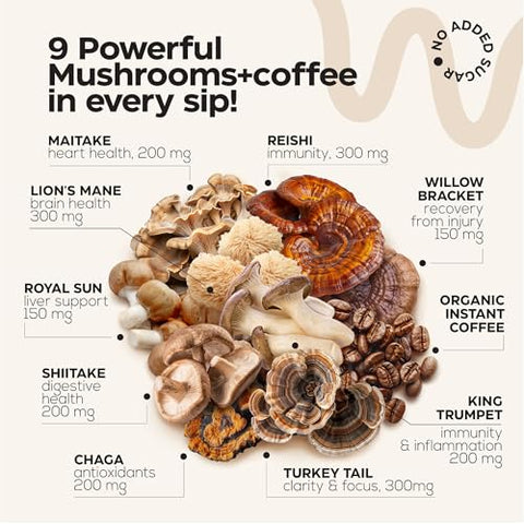 Wellneum - Café de Cogumelo – Mix de 9 Adaptógenos de Cogumelo – Cogumelo do Leão, Chaga, Cauda de Peru, Reishi, Shiitake – Café de Cogumelo Instantâneo para Saúde Intestinal, Imunidade e Estimulação Cerebral – Amigo da Dieta Keto