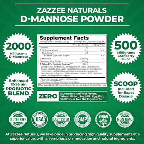 D-Mannose em Pó Plus, 2000 mg, 67 Porções, Potente – Marca Zazzee - Zazzee