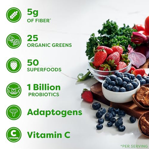 Pó de Suplemento de Fibra Orgânica para o Intestino Maravilhoso, 5 em 1 com 1 Bilhão de Probióticos, Verdes, Vitamina C, Adaptógenos para a Saúde Intestinal e Suporte Imunológico, Não-OGM, Morango - Orgain