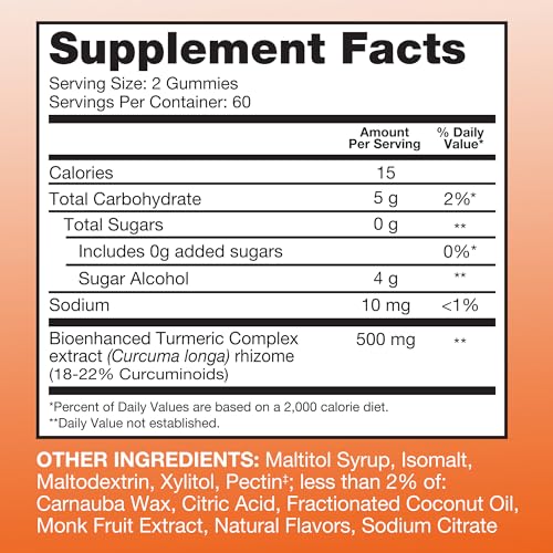 Zero Sugar Gummies de Cúrcuma, 500mg Curcumina, Suporte para Articulações, Alta Absorção, Vegetariano, Sem Glúten, 120 Unidades - Qunol