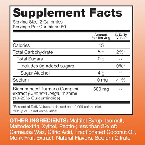 Zero Sugar Gummies de Cúrcuma, 500mg Curcumina, Suporte para Articulações, Alta Absorção, Vegetariano, Sem Glúten, 120 Unidades - Qunol