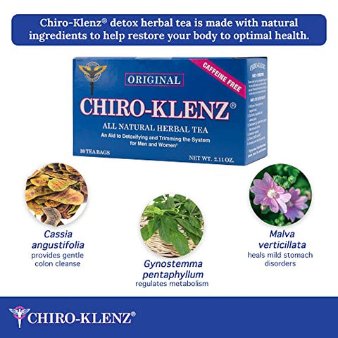 CHIRO-KLENZ - Chiro-Klenz Detox Tea – Chá Natural para Limpeza do Cólon, Alívio de Inchaço para Mulheres e Homens/Sem Açúcar, Cafeína ou Glúten