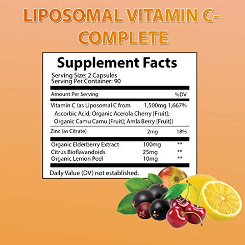 MoxyVites - Liposomal Vitamin C with Zinc Capsules – Vit C Organic Elderberry, Amla, Camu Camu – Alta Absorção de Vitamina C, Anti Aging, Suporte Imunológico, 1500mg/Porção 3 Meses de Fornecimento Sem Glúten