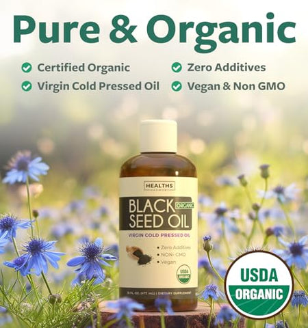 Healths Harmony - Óleo de Semente de Cominho Preto Líquido Orgânico USDA (473 ml) Premium Extraído a Frio de Nigella Sativa Produzindo Puro Óleo de Semente de Cominho Preto – Suplemento Antioxidante – Vegano, Sem Glúten