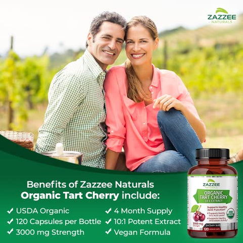 Extrato de Cereja Azeda Orgânica USDA 10:1, 3000 mg, 120 Cápsulas Veganas, 4 Meses de Suprimento, Concentrado 10X Padronizado, 100%% Vegetariano, Certificado Orgânico - Zazzee