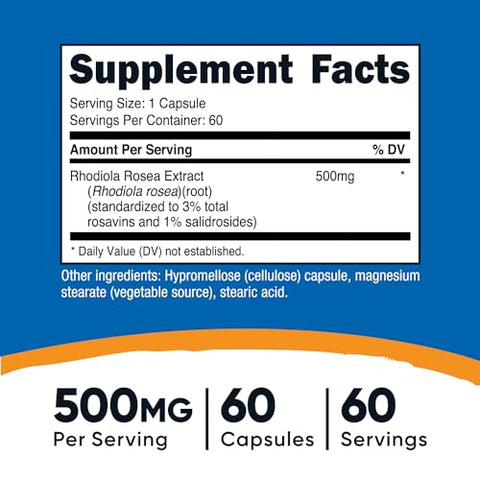 Rhodiola Rosea 500mg – 60 Cápsulas Vegetarianas – Livre de Glúten e Não-OGM – Suplemento de Rhodiola Rosea - Nutricost